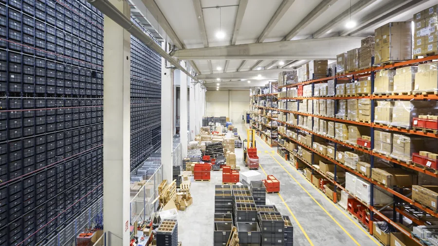 A distributor's stocked warehouse floor, where products ship directly to customers.