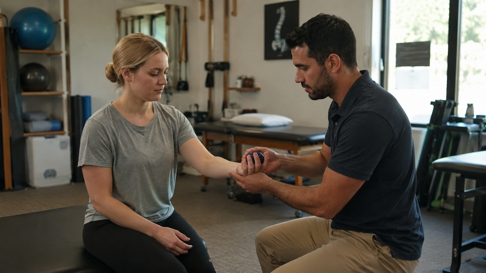A physical therapist guides a client through a hand mobility exercise