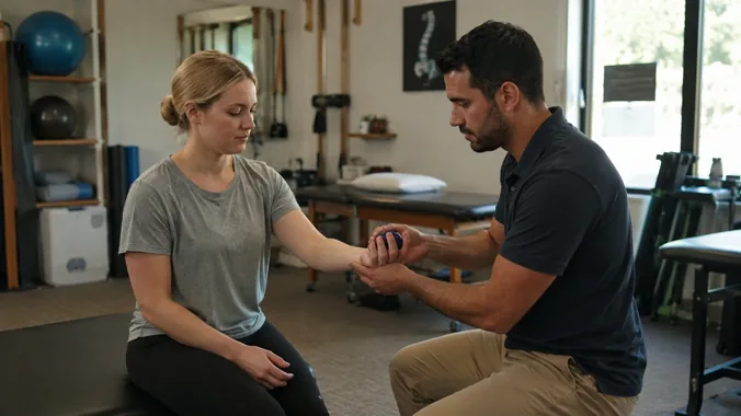 A physical therapist guides a client through a hand mobility exercise